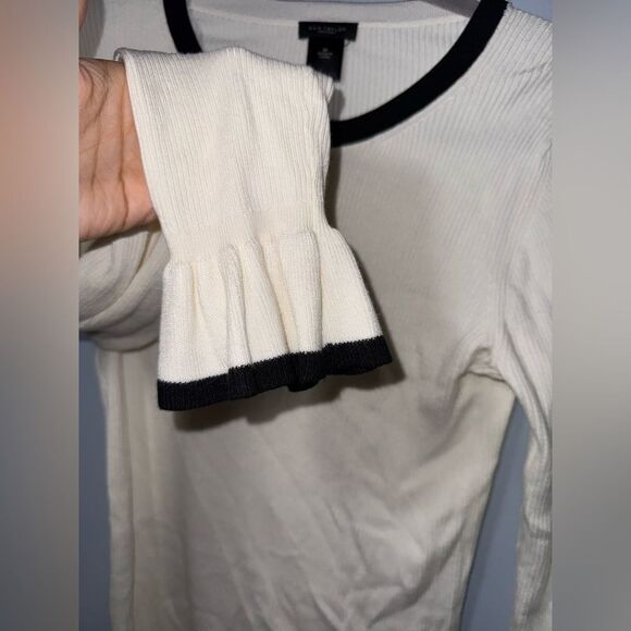 Ann Taylor Factory Knit Ribbed Sweater Ruffle Sleeve Cream & White Womens Medium - Picture 3 of 7